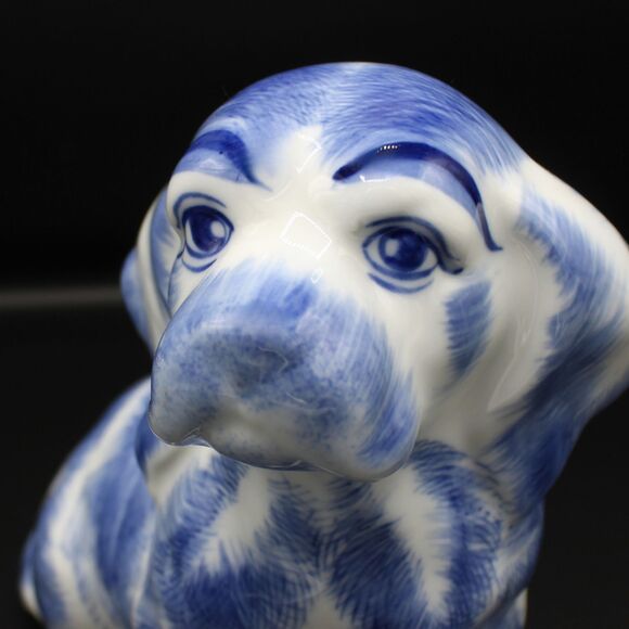 Vintage Blue White Ceramic Dog Figurine Glossy Glaze Cocker Basset Animal Decor - Picture 2 of 8